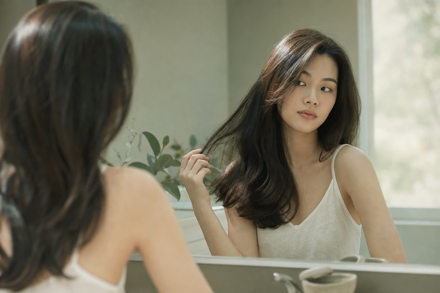 剛做完染燙、頭髮柔順有光澤的女生，正在思考多久可以洗頭