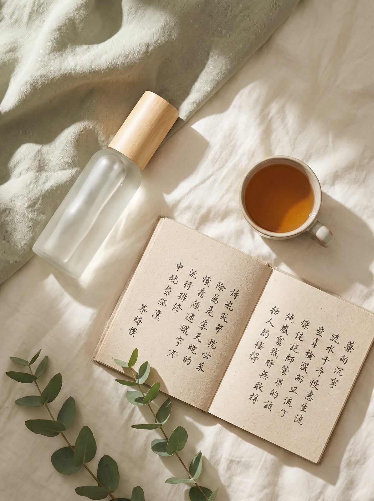 淺色亞麻布上放著護髮瓶、筆記本、小葉子 — 質感生活氛圍
