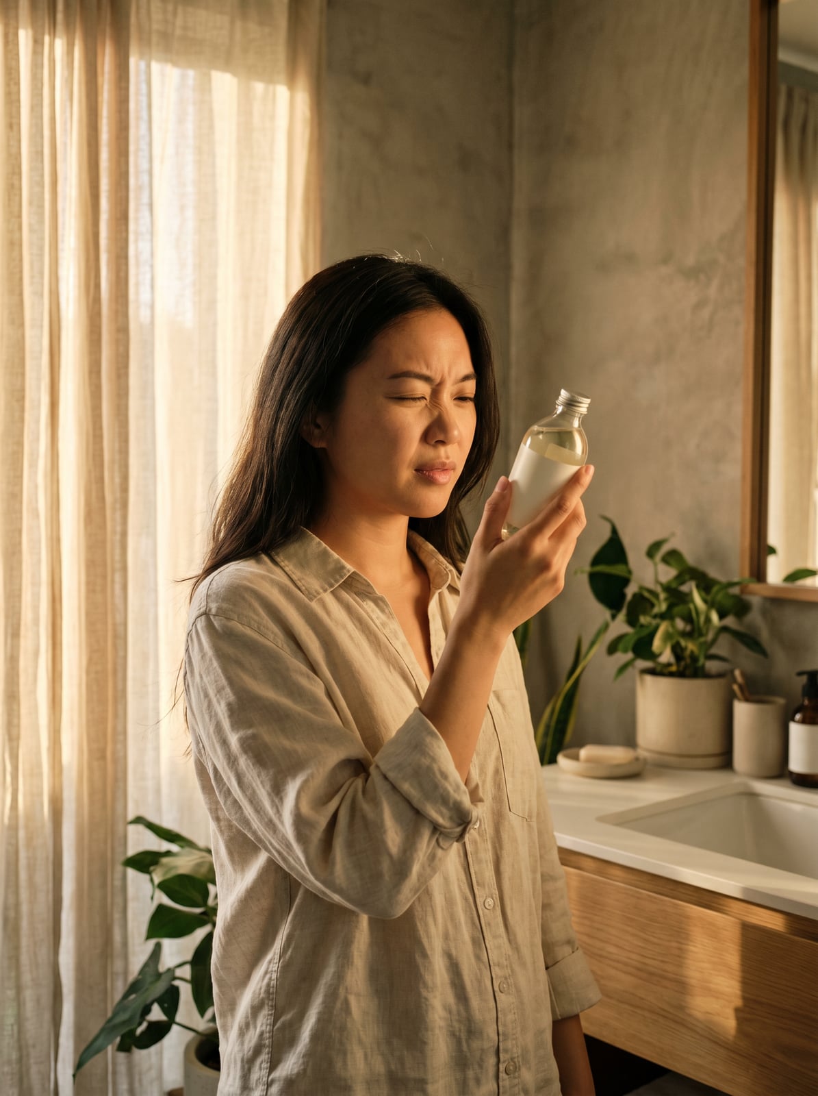 女生在浴室裡拿著護髮瓶皺眉看著成分表