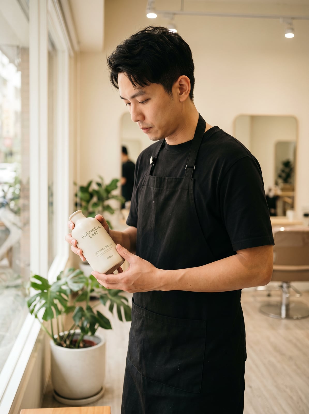凱老闆穿著黑色工作圍裙站在自己的髮廊裡、手裡拿著護髮瓶